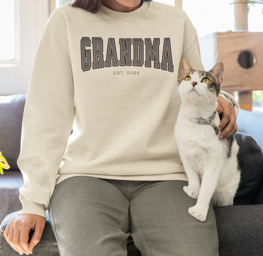 Grandma Est 2024 Grey Tan College Letter Sweatshirt