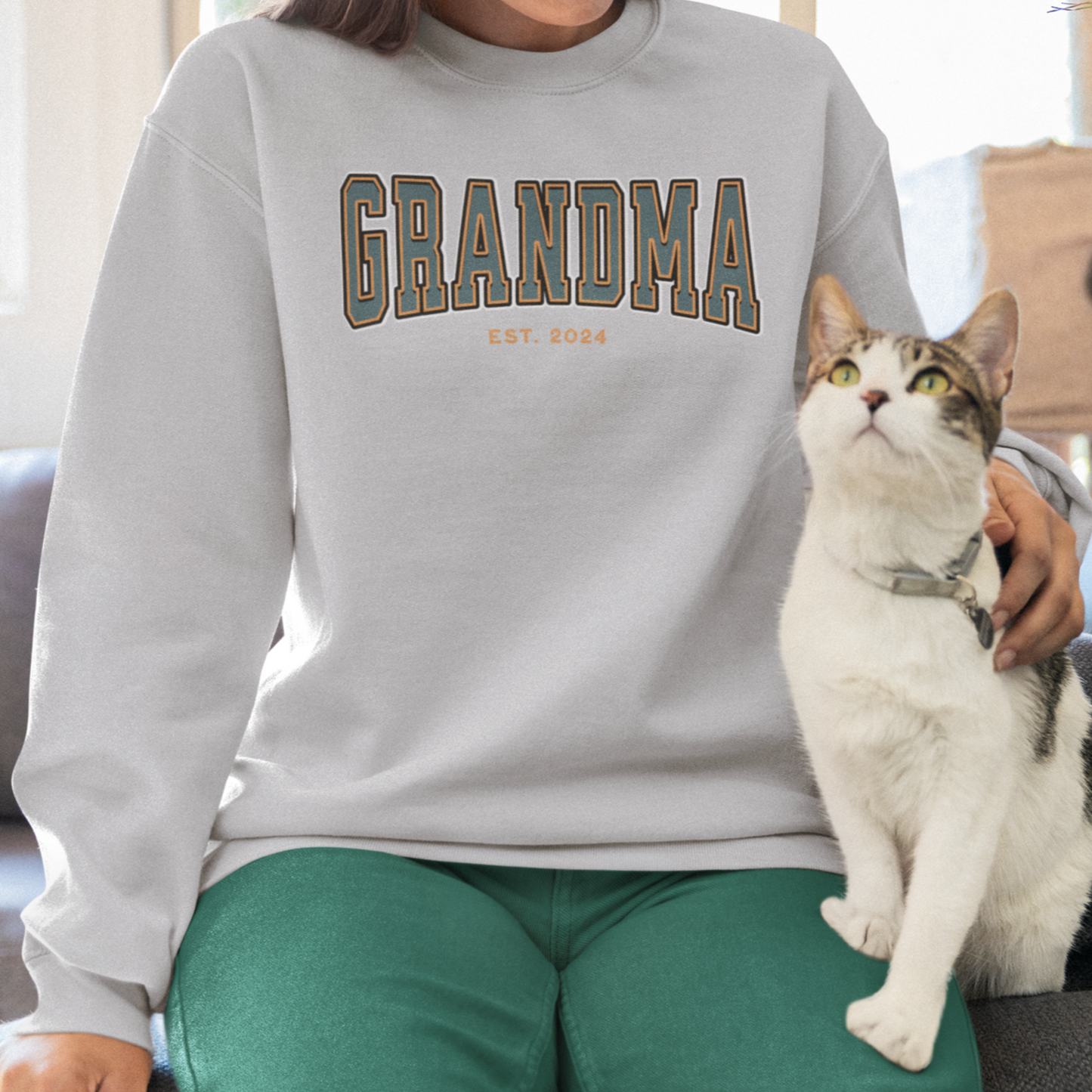 Grandma Est 2024 Teal Orange College Letter Sweatshirt