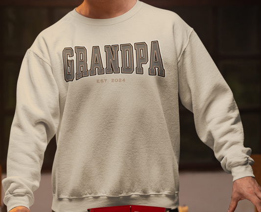 Grandpa Est 2024 Grey Tan College Letter Sweatshirt