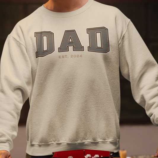 Dad Est 2024 Grey Tan College Letter Sweatshirt