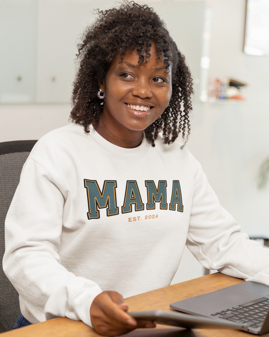 Mama Est 2024 Teal Orange College Letter Sweatshirt