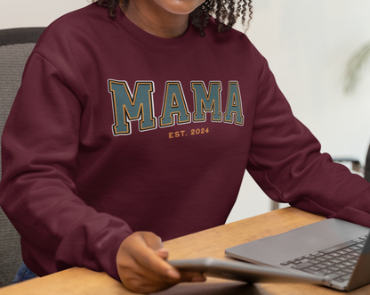 Mama Est 2024 Teal Orange College Letter Sweatshirt