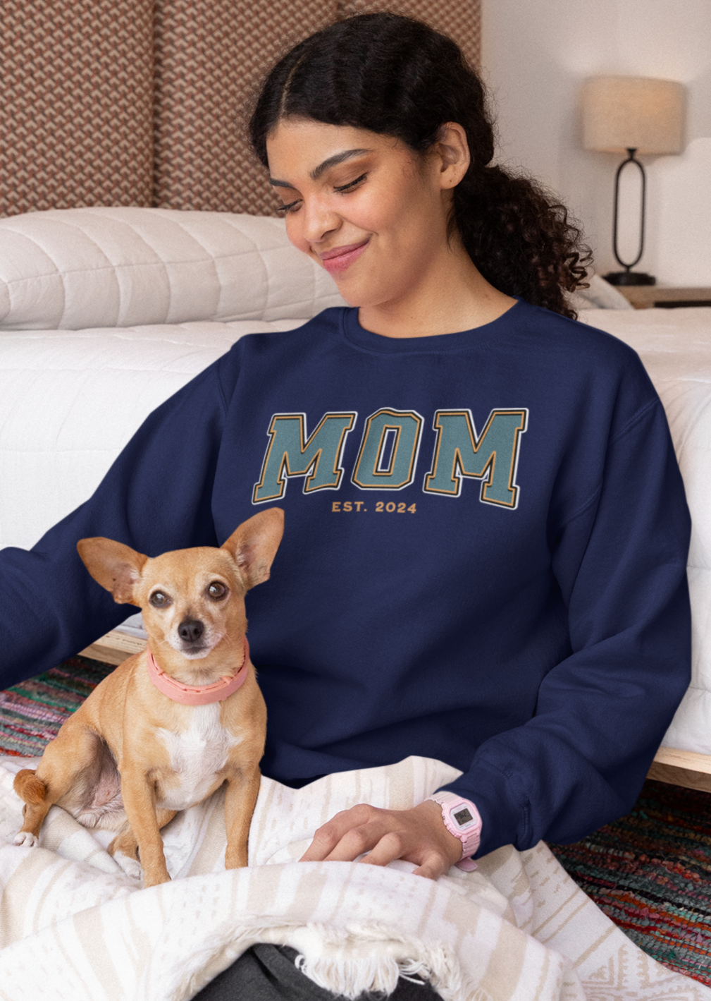 Mom Est 2024 Teal Orange College Letter Sweatshirt