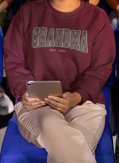 Grandma Est 2024 Grey Tan College Letter Sweatshirt
