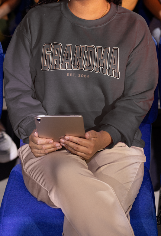 Grandma Est 2024 Grey Tan College Letter Sweatshirt