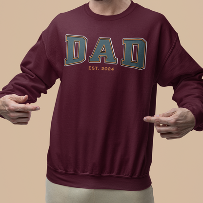 Dad Est 2024 Teal Orange College Letter Sweatshirt