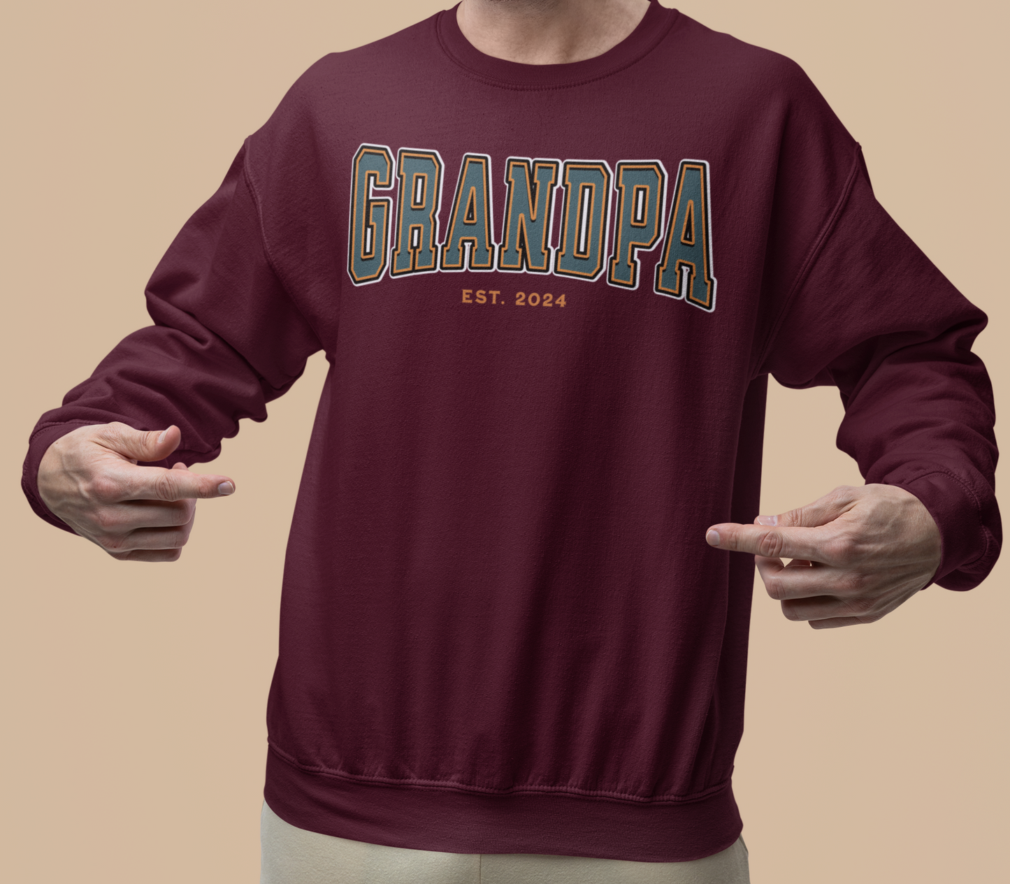 Grandpa Est 2024 Teal Orange College Letter Sweatshirt