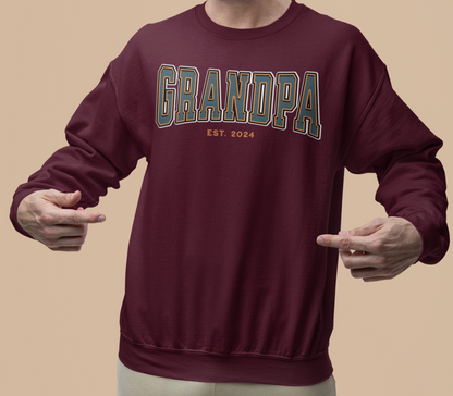 Grandpa Est 2024 Teal Orange College Letter Sweatshirt