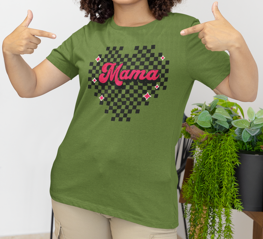 Pink Heart Checkered Mama Short Sleeve Tee