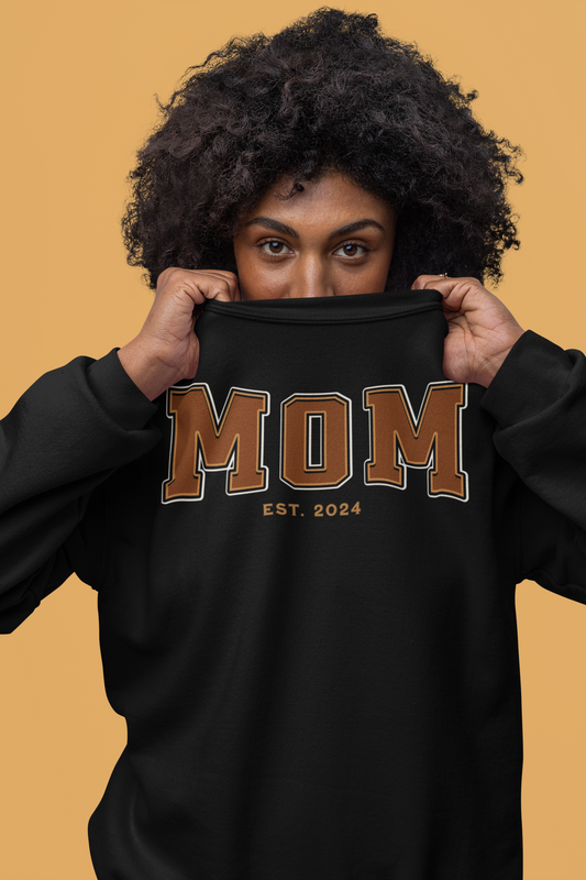 Mom Est 2024 Orange College Letter Sweatshirt