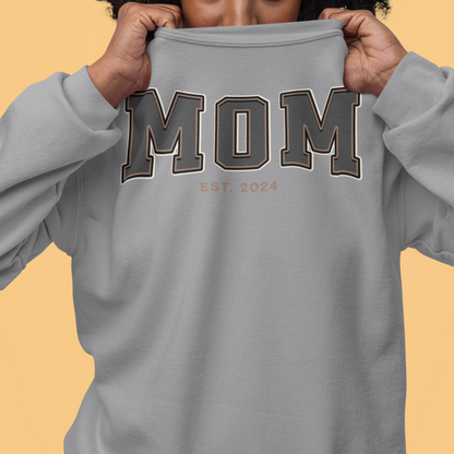 Mom Est 2024 Grey Tan College Letter Sweatshirt