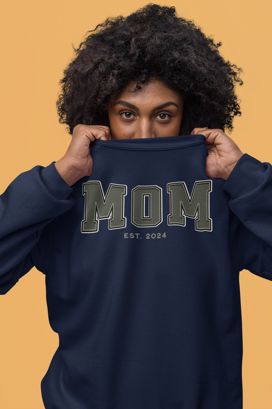 Mom Est 2024 Army Green College Letter Sweatshirt