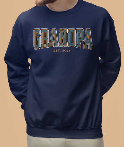 Grandpa Est 2024 Teal Orange College Letter Sweatshirt