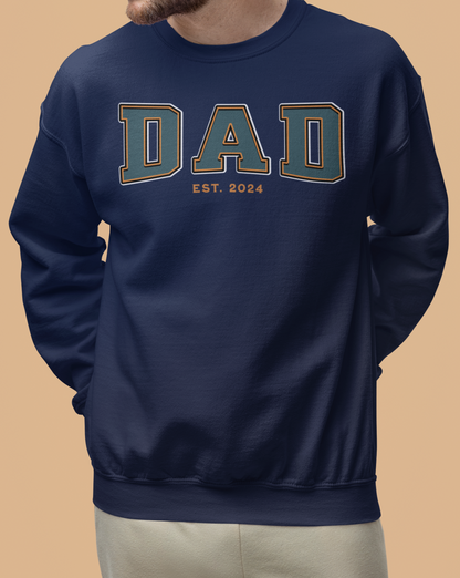 Dad Est 2024 Teal Orange College Letter Sweatshirt