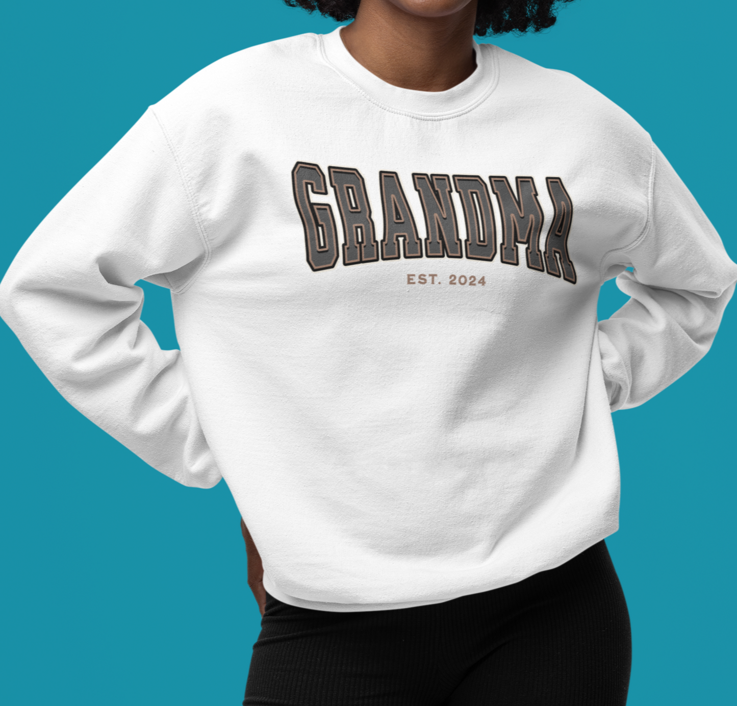 Grandma Est 2024 Grey Tan College Letter Sweatshirt