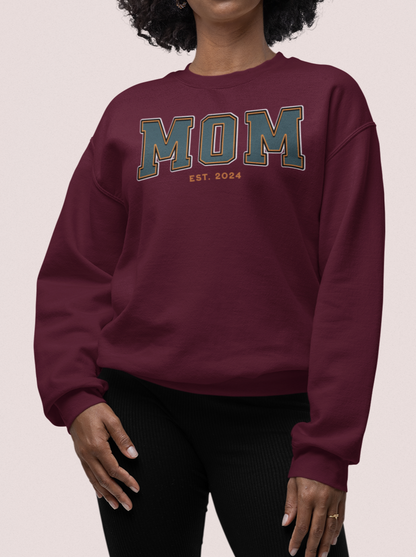 Mom Est 2024 Teal Orange College Letter Sweatshirt