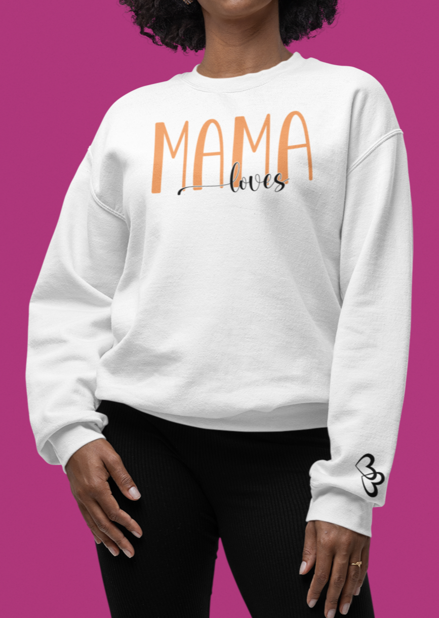 Custom Orange Mama Loves Heart Sleeve Sweatshirt