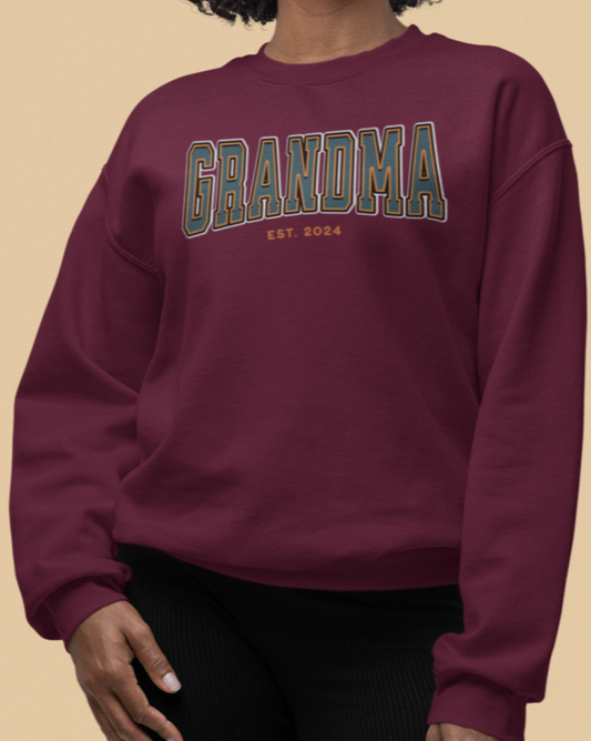 Grandma Est 2024 Teal Orange College Letter Sweatshirt