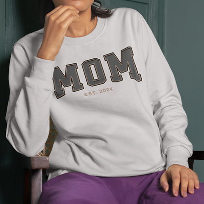 Mom Est 2024 Grey Tan College Letter Sweatshirt