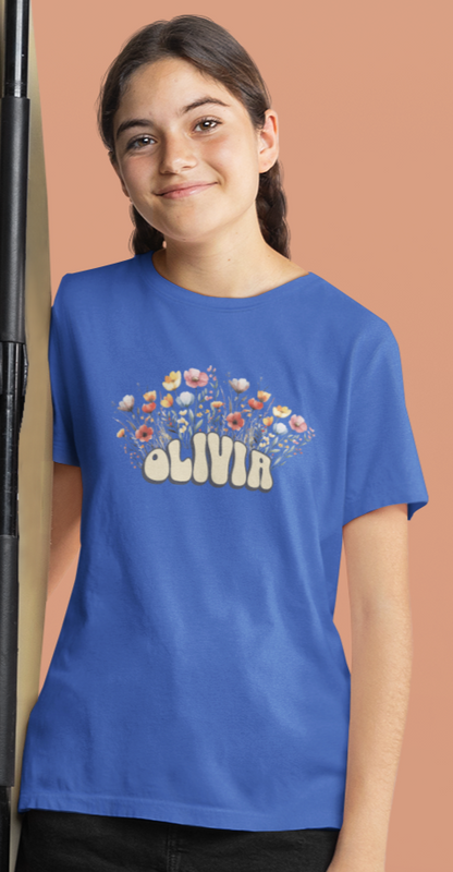 Custom Yellow Retro Name Flower Youth Shirt