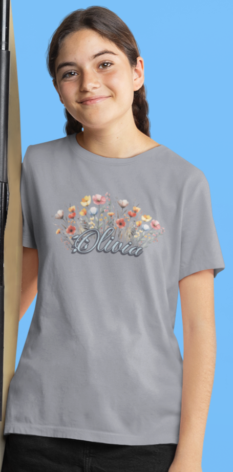 Custom Blue Name Flower Youth Shirt