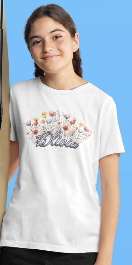 Custom Purple Name Flower Youth Shirt