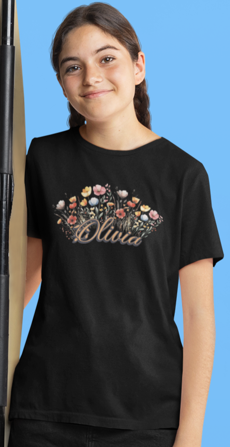 Custom Orange Name Flower Youth Shirt